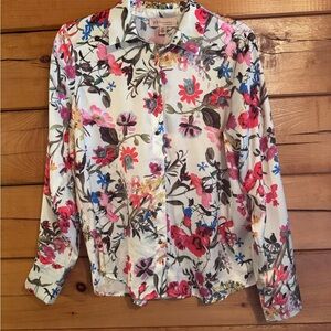 Philosophy White Floral Button-Up Blouse with Pink Red Blue Accents